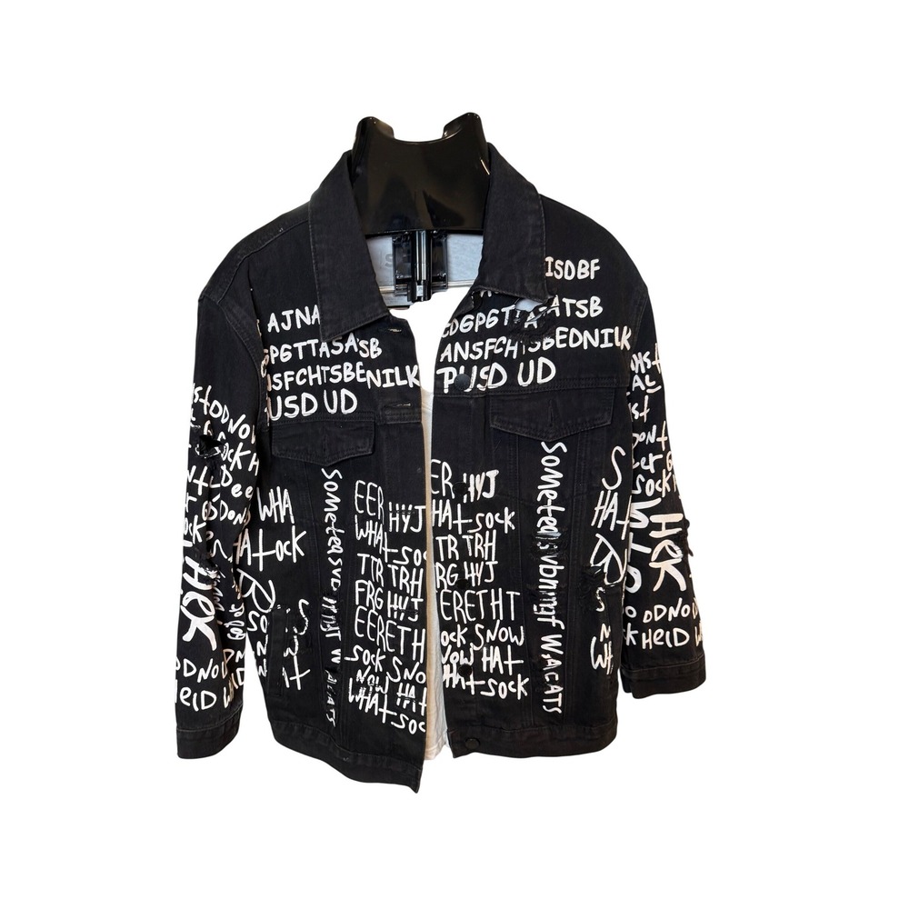 American Bazi Black Graffiti Ripped Distressed Denim Jacket Small USA Designed